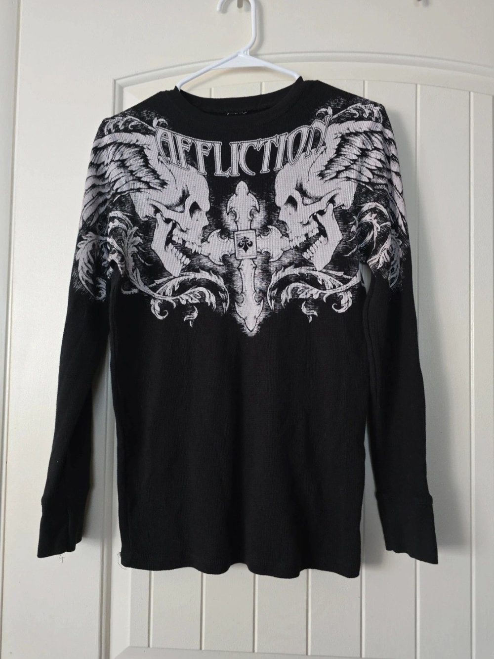 Affliction Black Crewneck Sweater with White Skull Wing Graphic
